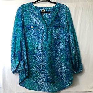 Blue printed Anne Klein Blouse gold button details